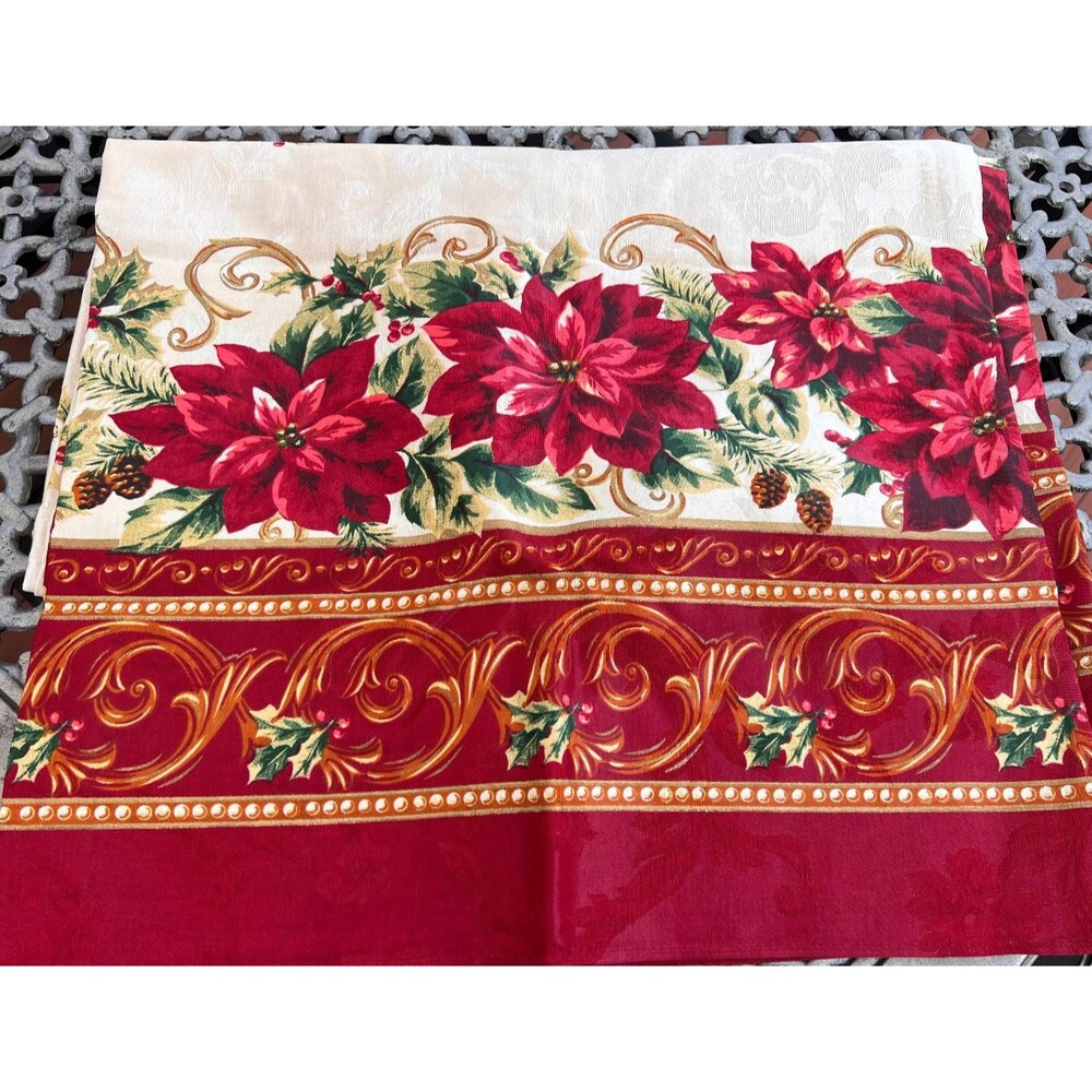 Holiday Time Christmas Damask Poinsettia Tablecloth 60x84 Oblong Red Open Box